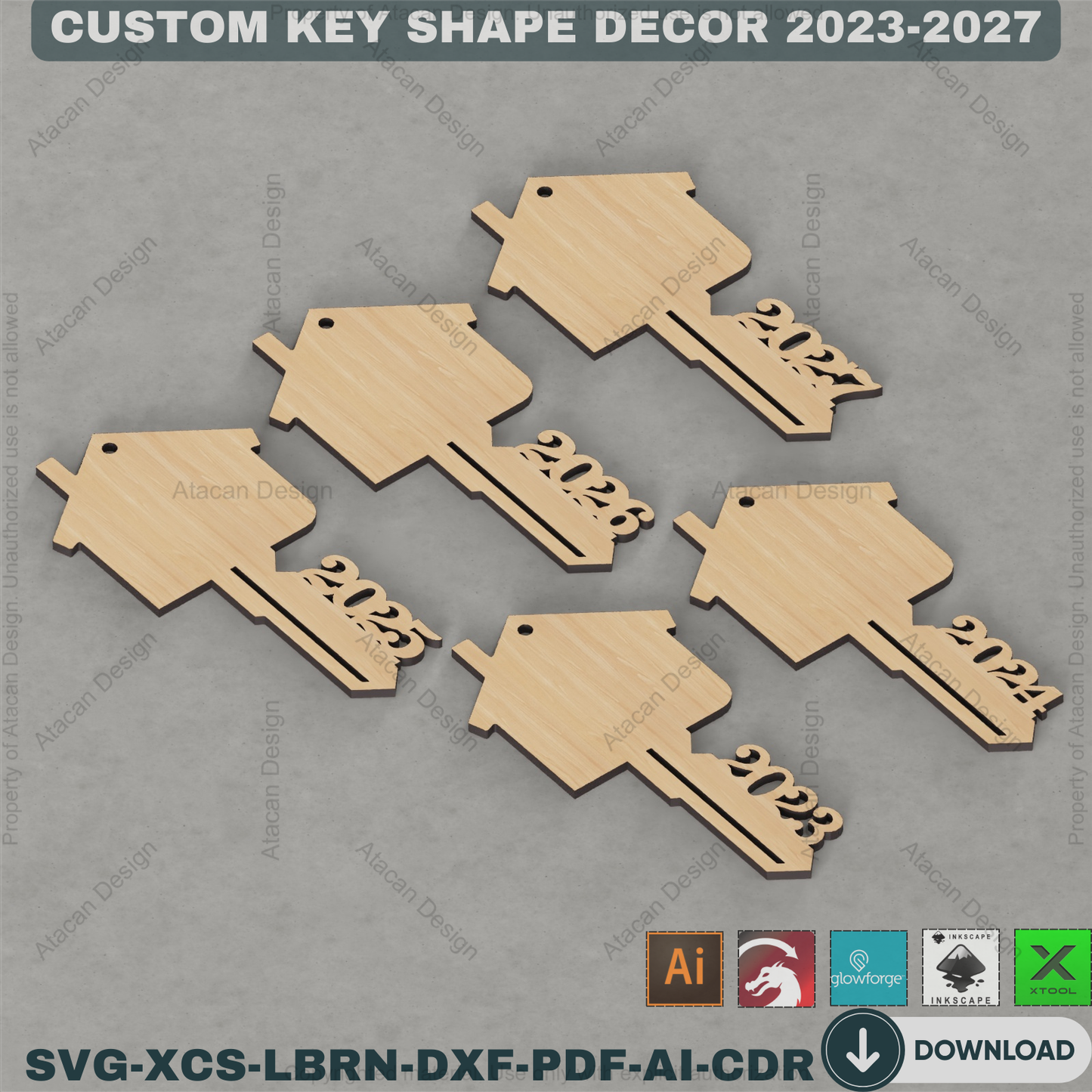 Personalized House Key SVG Bundle, Our First Home Xmas, Real Estate Client Gift, Laser Engraving Design 2023-2027