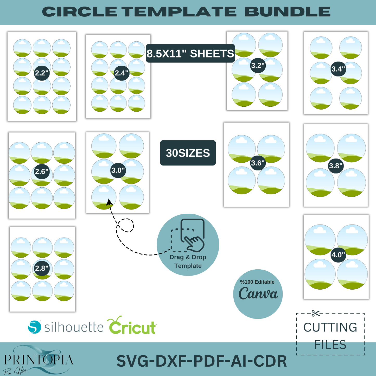 Circle Template Bundle with 30 Sizes, 8.5x11 & 12x12 Sheets, Drag Drop Editable Design Files 174