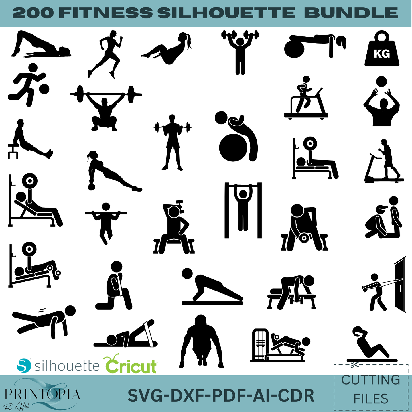 Gym & Workout Silhouette Bundle - 200 Editable svg, DXF, pdf AI, cdr Files for DIY Projects 178