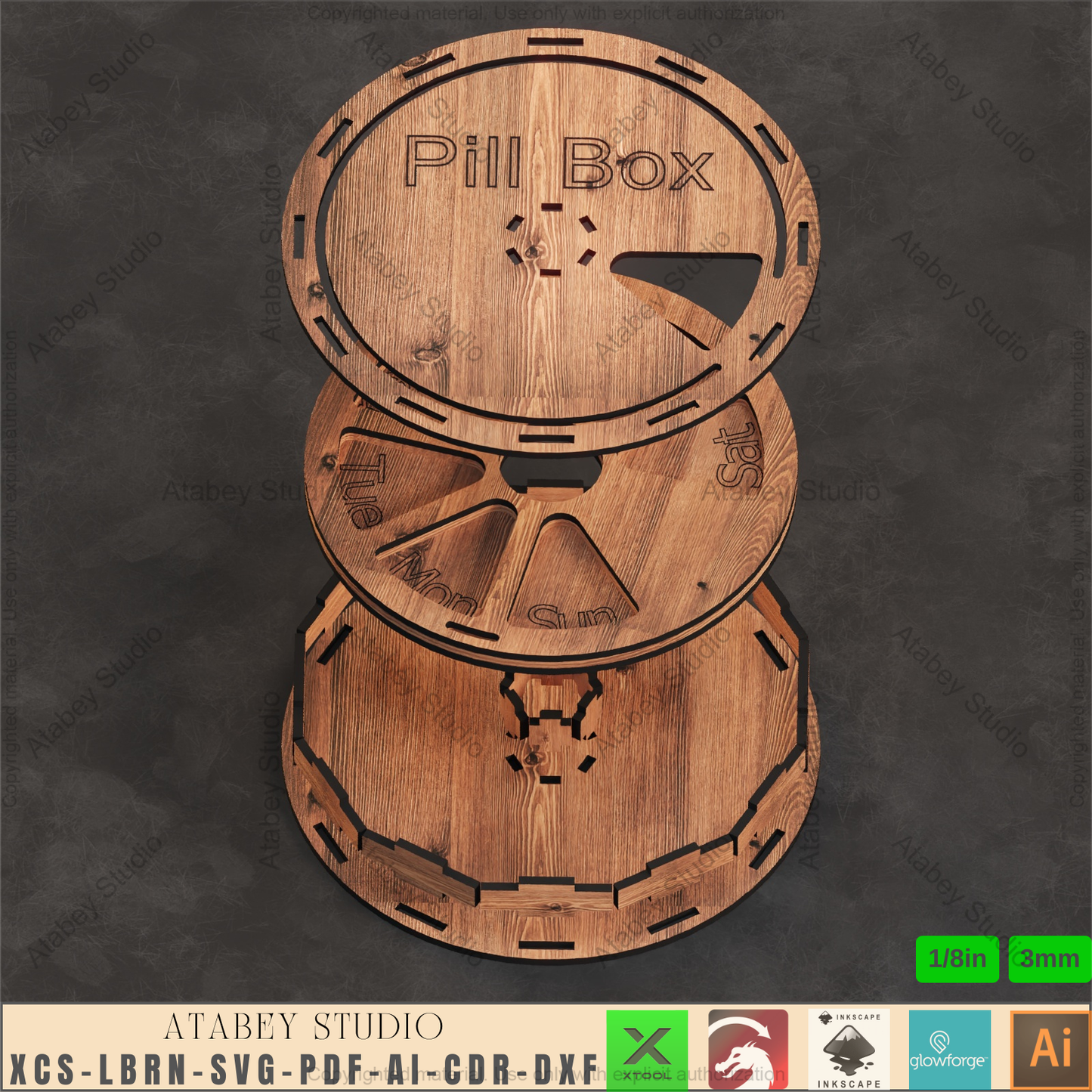 Laser Cut Pill Box Template | Weekly Organizer | 7 Day Design | 3mm SVG | Travel Pill Storage 928