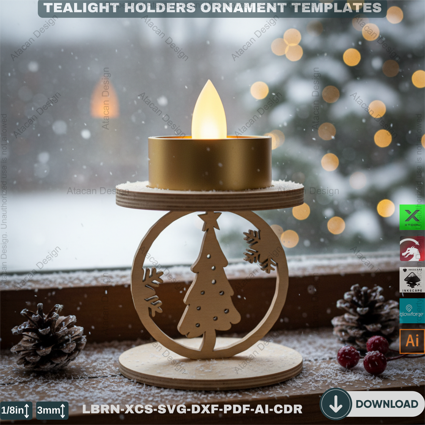 Snowflake Tealight Holder Set, Wooden Laser Cut Decor, Winter Candle Templates, Standing Tea Light Holders 907