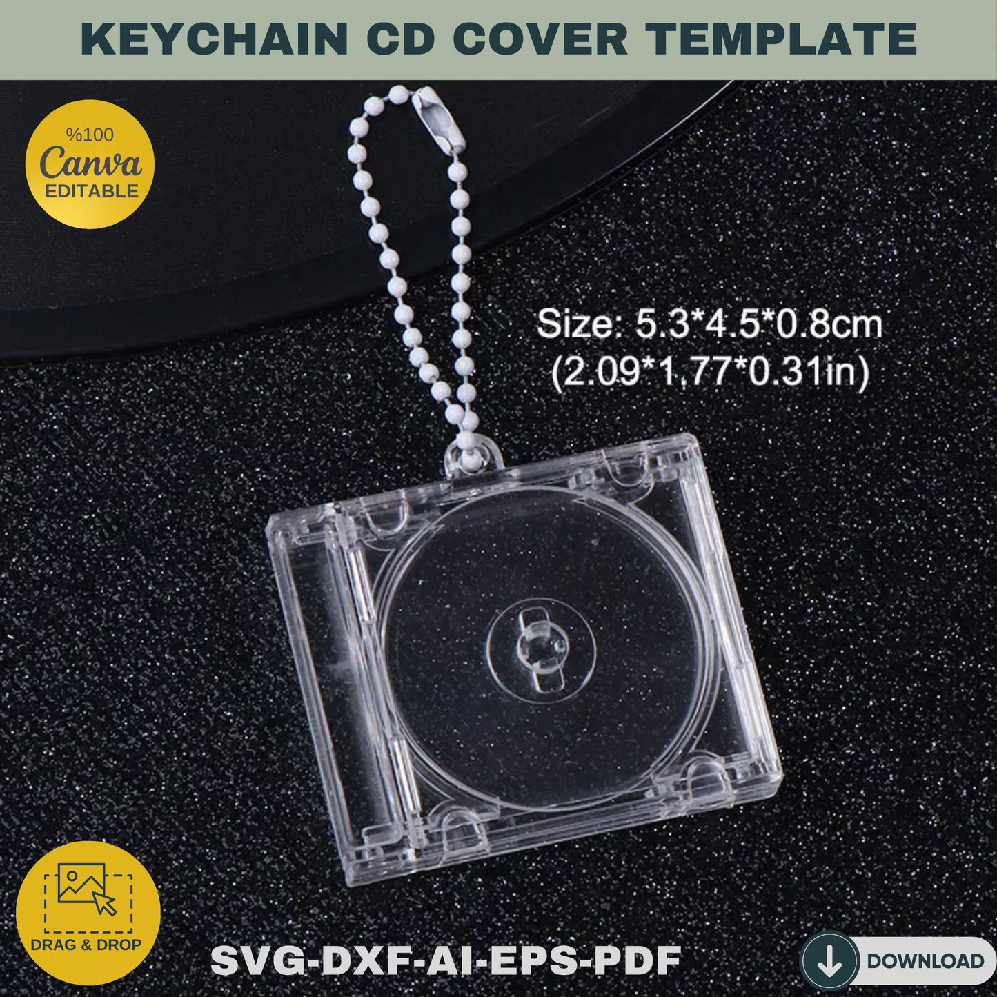 CD Keychain Template - SVG, Canva Editable - DIY Cover, Keychain Sublimation Design, Key Tag, Drag & Drop Ready.872