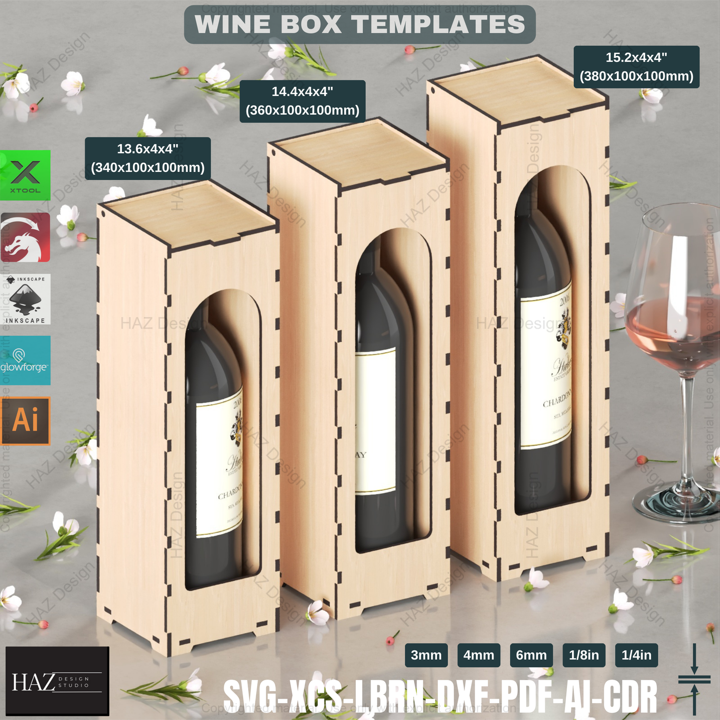 Laser Cut Wine Gift Box - 3 Sizes, 7 Designs - SVG Files,Wine Box Template - Laser Cut - 6 Thicknesses - Wood Gift 422