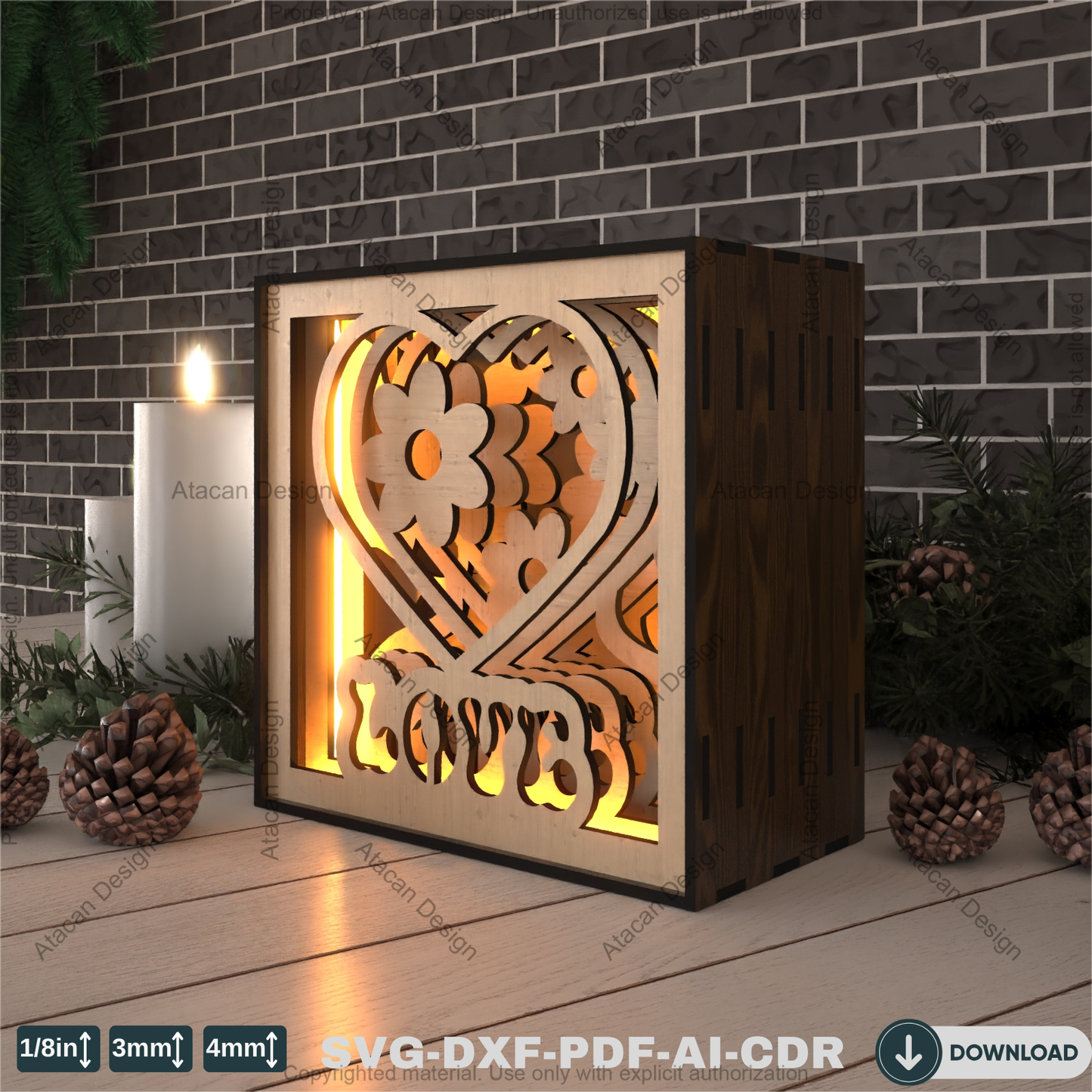 Romantic Heart Floral Shadow Light Box – Layered 3D Laser Cut Design 790