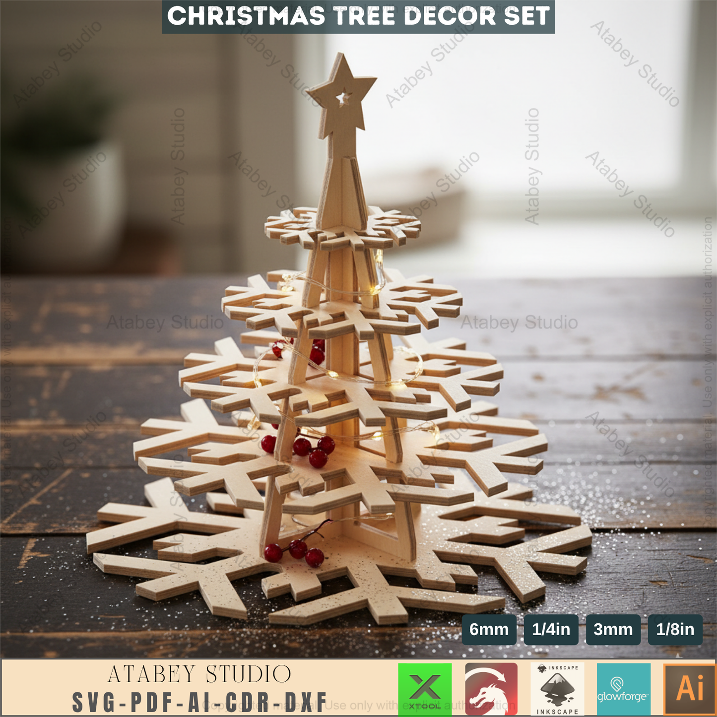 3D Christmas Snowflake Tree Decor Template for Laser Cutting | Standing Holiday Ornament Design for Glowforge, xTool, Lightburn Machines 965