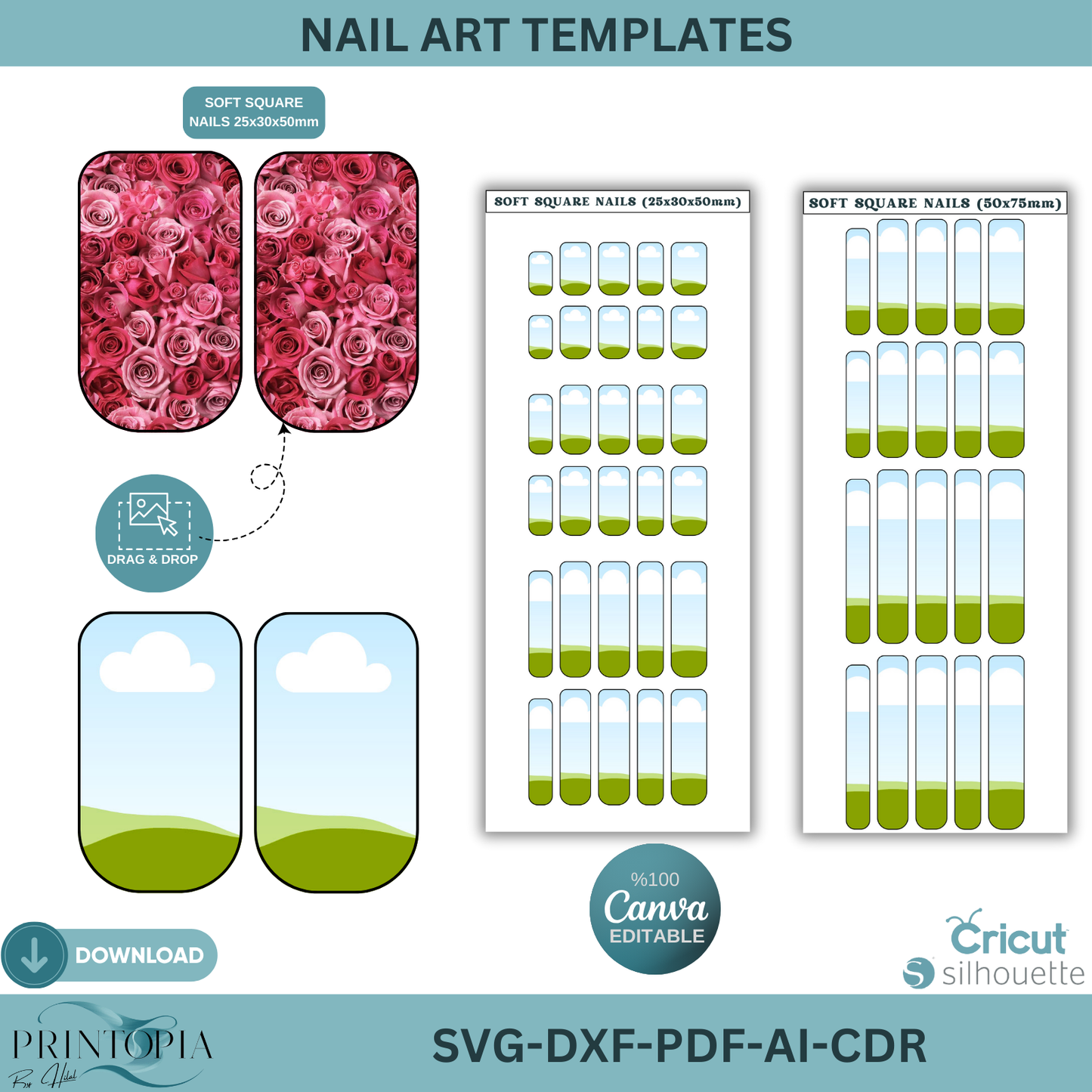 Nail Sizing & Design Template Bundle for Press On Nails, Editable Canva & SVG Decal Kit, Nail Tech Business Tool, All Shapes