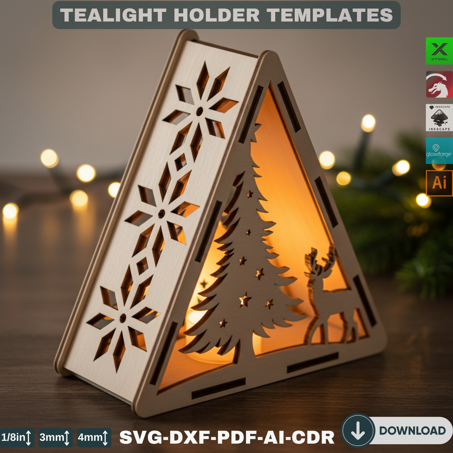 Christmas Pyramid Candle Holders - Tealight Laser Cut Lamp Designs for Night Light Decoration 778