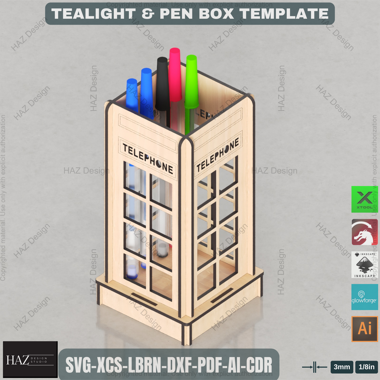 Laser Cut British Telephone Box | Tealight & Pen Holder Design | Iconic Desk Organizer File 449