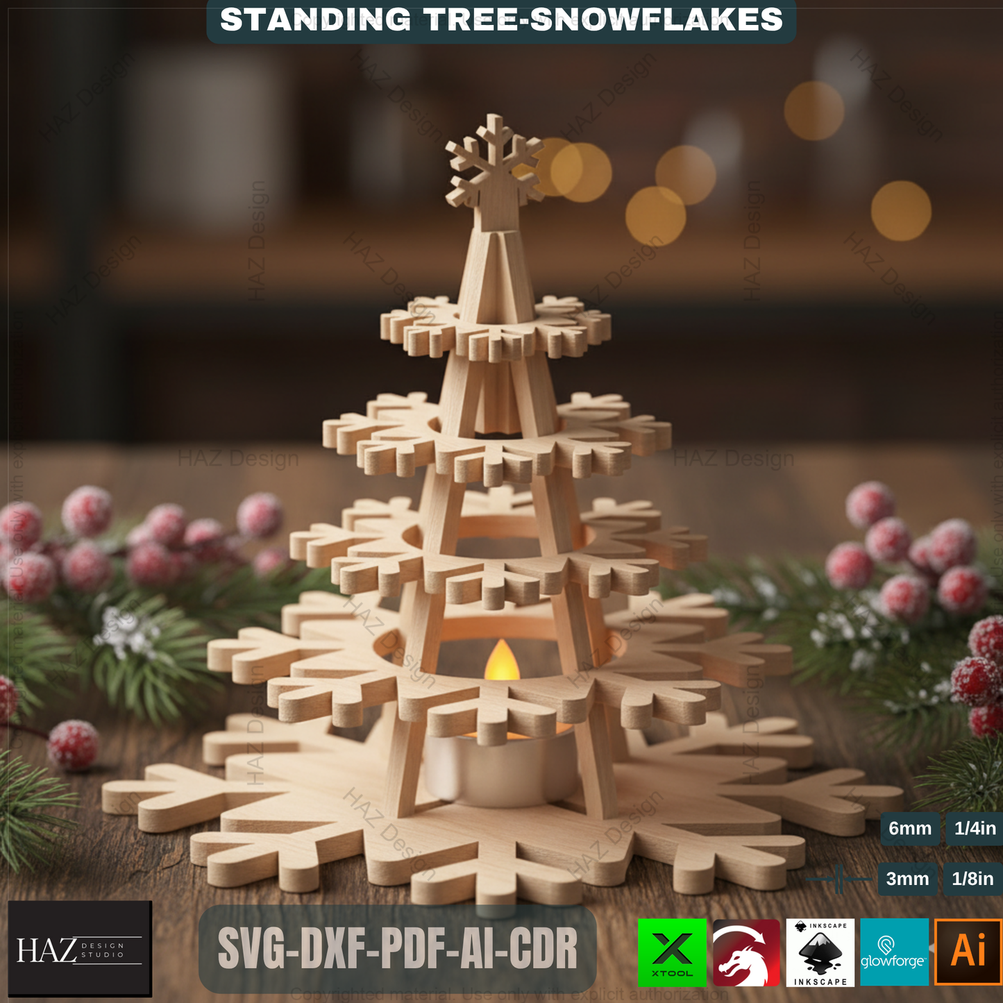 Wooden Snowflake Christmas Tree Light Decor Template Set Laser Cut Files for Holiday Table Centerpiece and Gift Craft 490