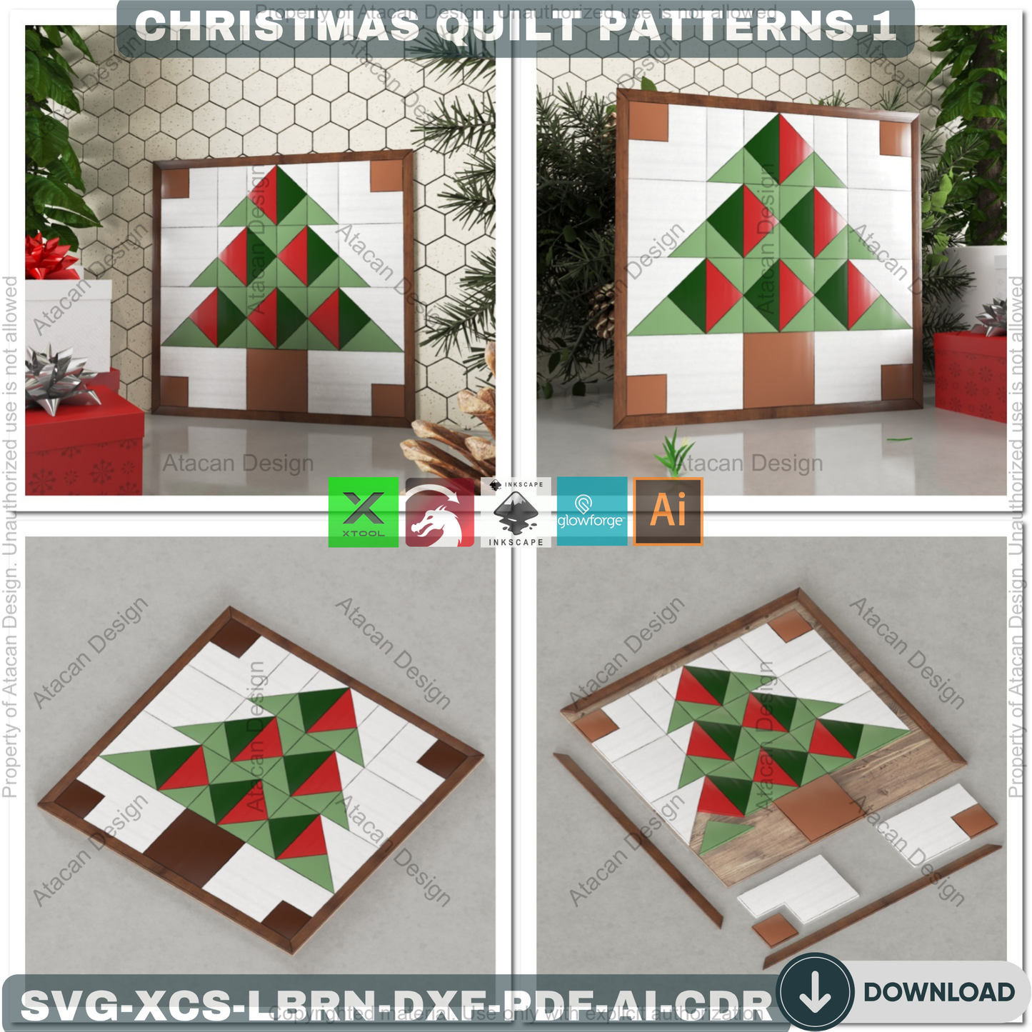 DIY Christmas Wall Art SVG, Festive Barn Quilt Pattern Collection, Laser Cut Files for Farmhouse Holiday Decor & Signs