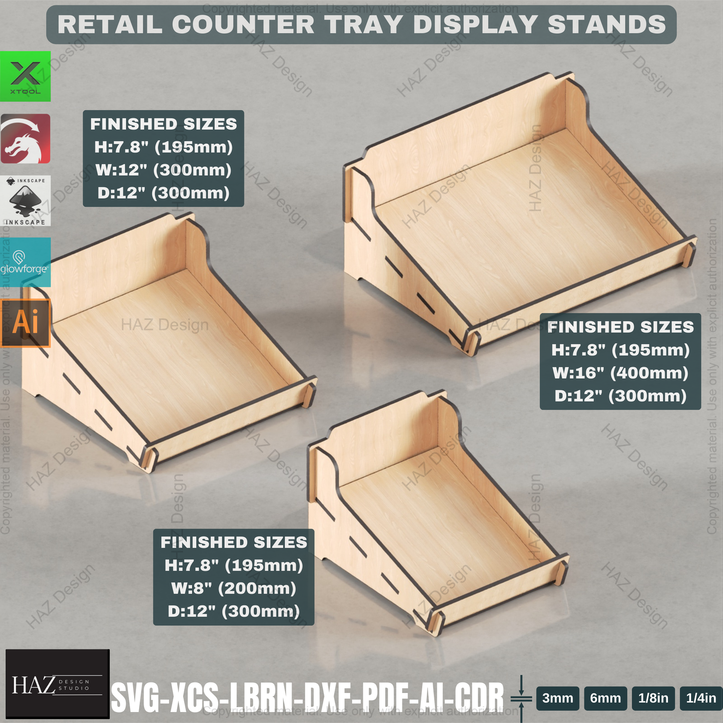 Laser Cut Curved Back Counter Tray Set | Multi-Size Tiered Display Stands | Retail & Market Files 441