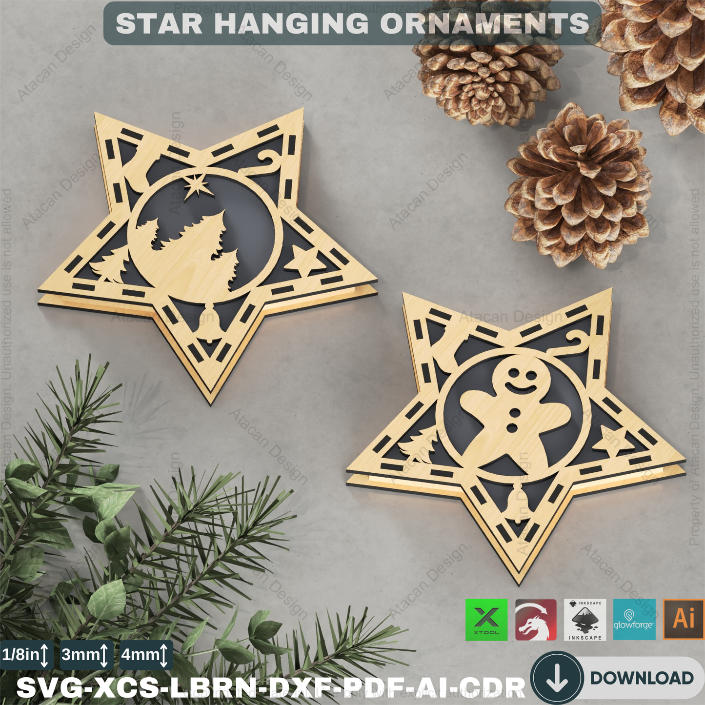 DIY Xmas Tree Stars: Laser Cut Designs for Holiday Decor, Set of 10,Holiday Star Ornament Bundle: Laser Cut Files, Festive Home Decor 876