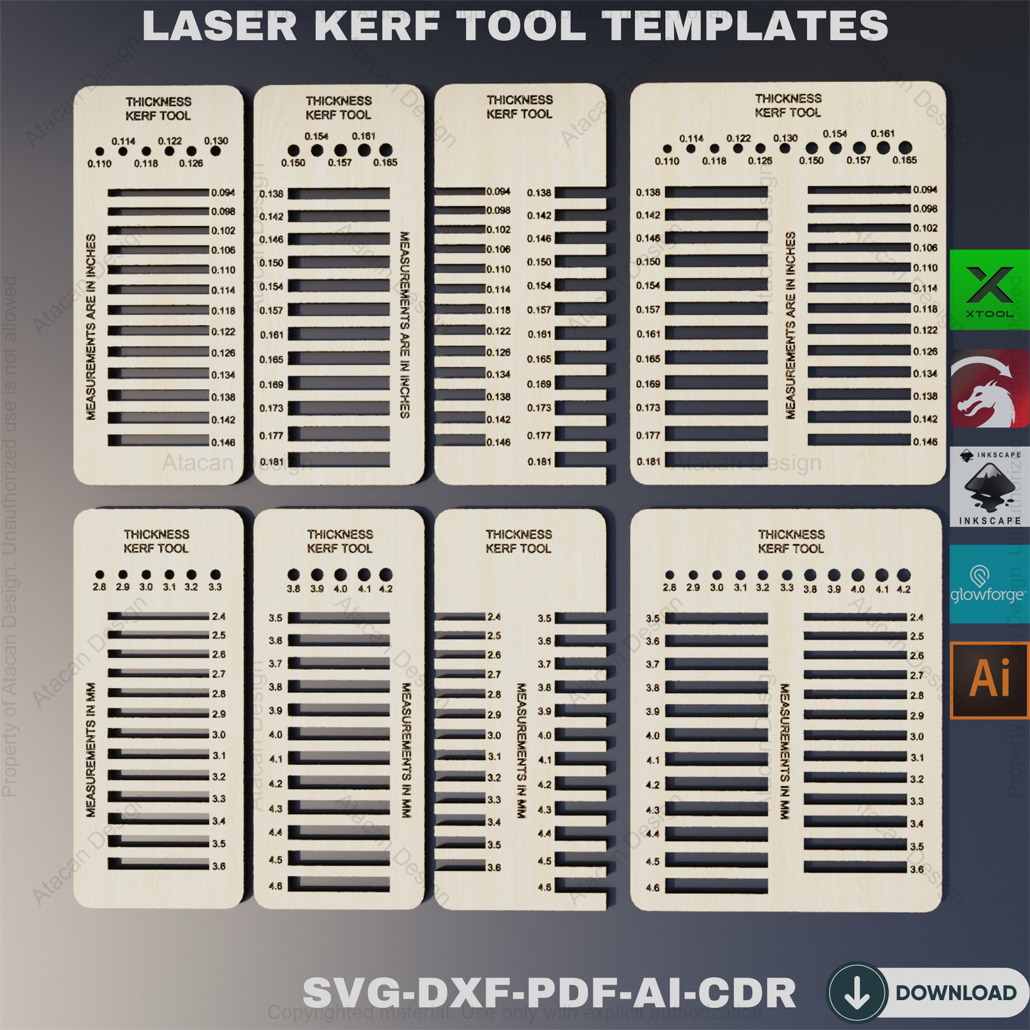 Material Thickness Kerf Tool Precision Testing Guide for Laser Cutting Projects,Metric Imperial Thickness Gauge, Kerf Measuring Tool 822