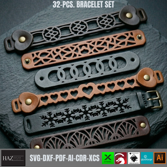 32 Leather Cuff Bracelet SVG Bundle | Geometric Wristband Patterns
