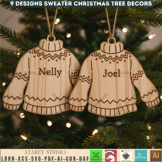 Personalized Ugly Sweater Christmas Ornament Bundle | Family Name Laser Cut Templates | DIY Xmas Decor 971