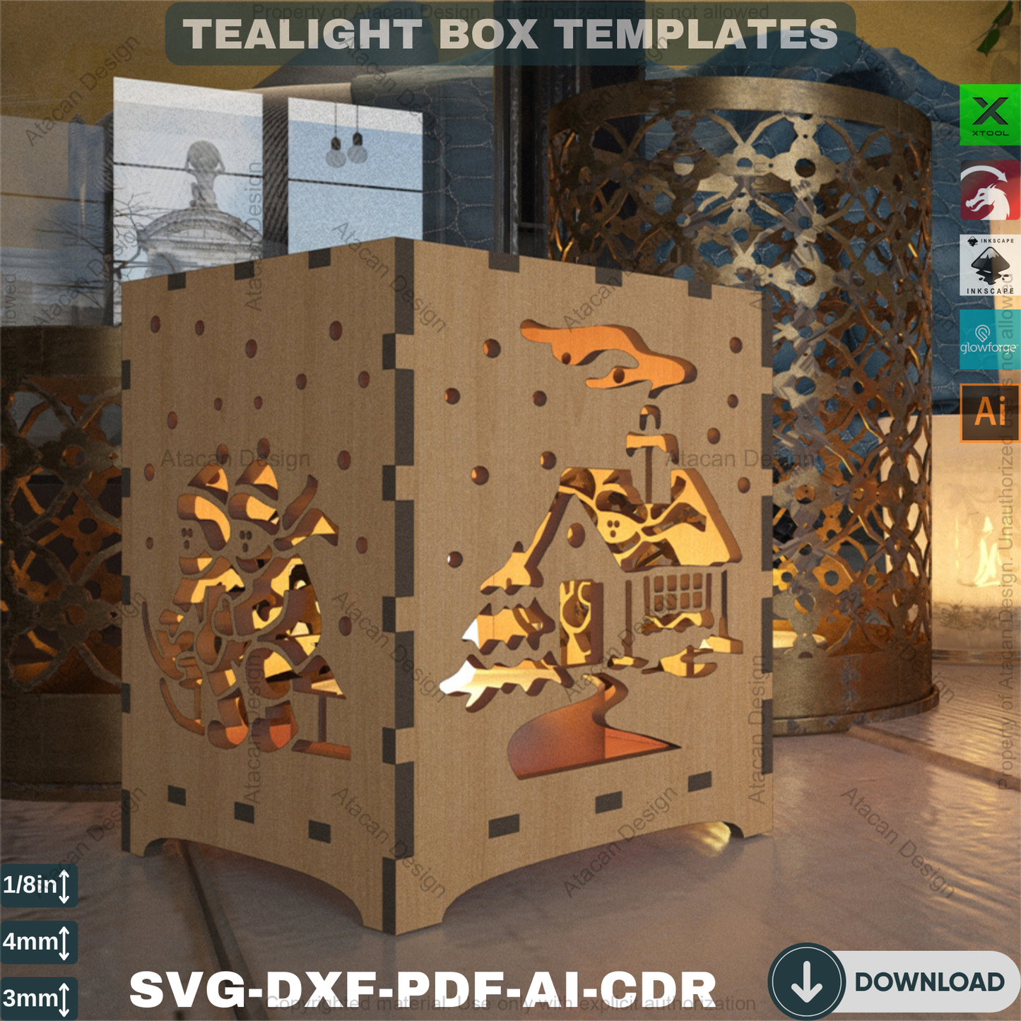 Christmas Engraved Floor Lamps / Plywood Light Design Decor / Box Desk lamp Laser Vector Art 186