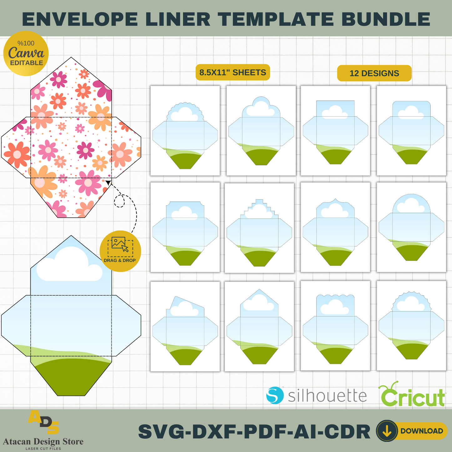 DIY Envelope Liner Kit, Editable Canva & SVG Templates for Wedding Invitations, Cricut Cut File, US Letter Size Printable Stationery