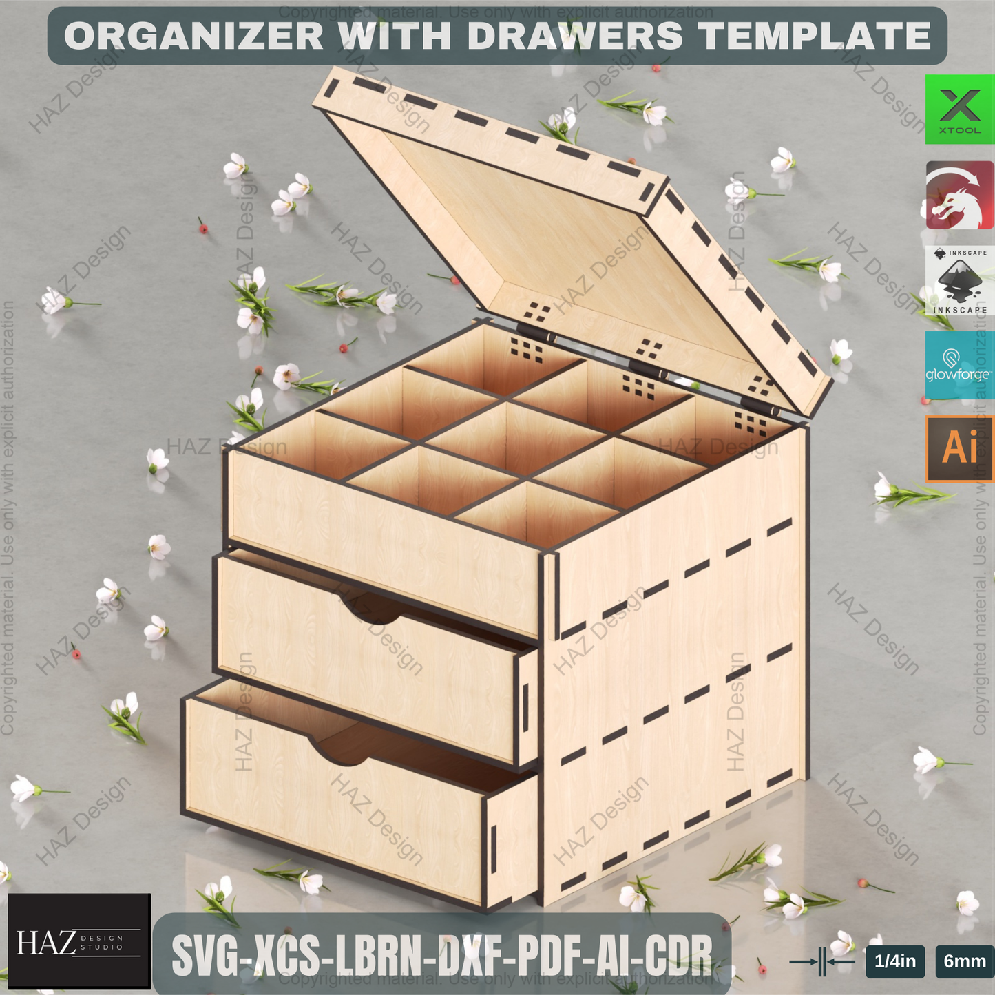 Laser Cut Organizer Box Plan with Drawers. Wooden Jewelry or Desk Storage Design 444