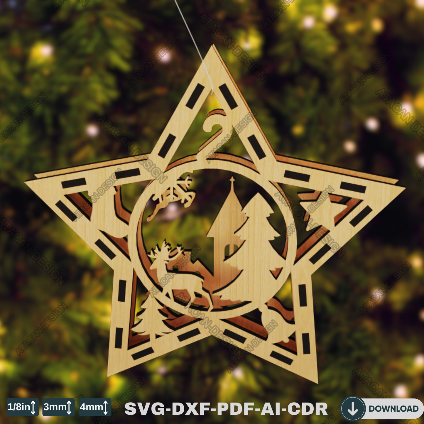 Elegant Wooden Christmas Baubles - Star Design with Snowy Scene, Deer & Winter Wonderland Details 770