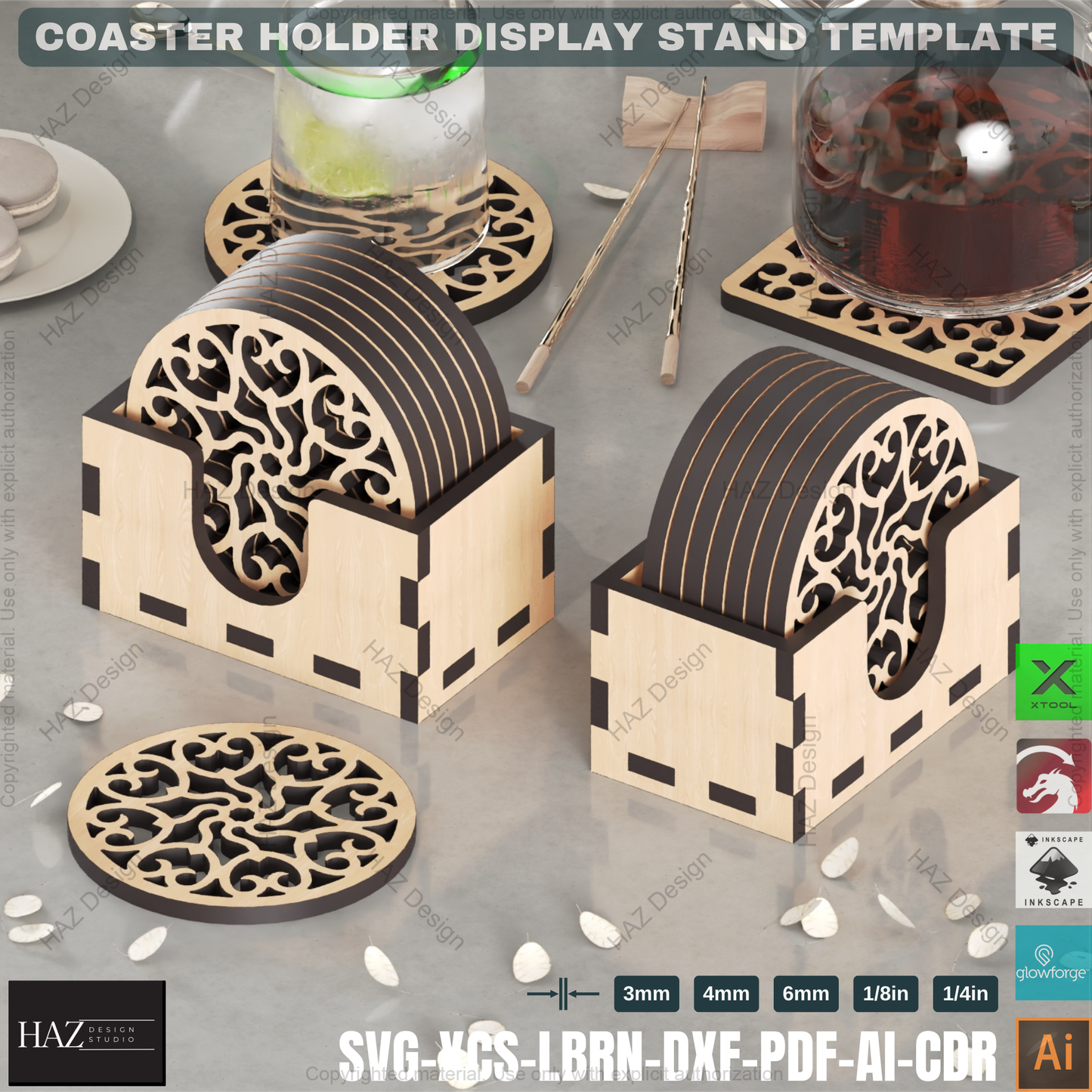 Laser Cut Coaster Holder Design: Round & Square SVG Set,Glowforge Coaster Holder Template: Modern Tabletop Decor432
