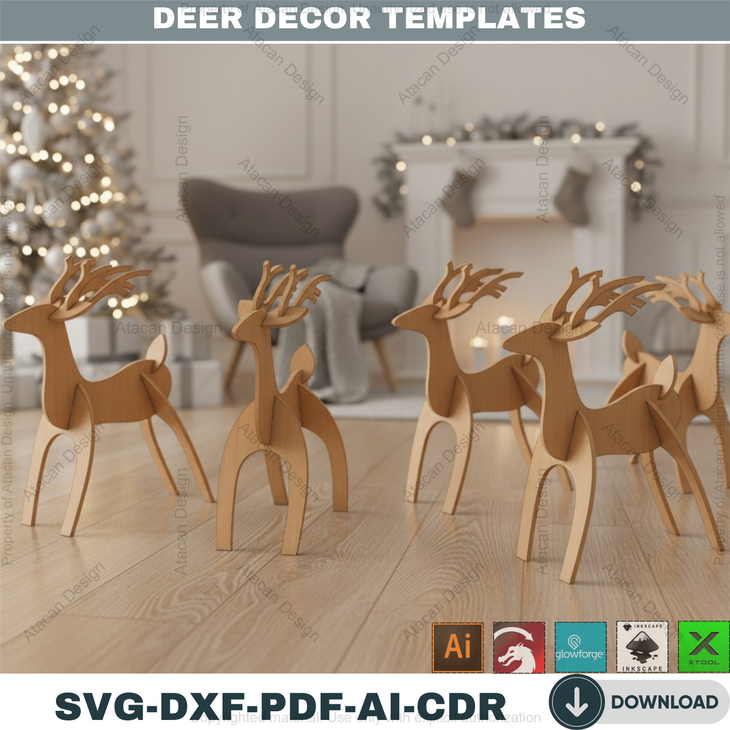 Christmas Deer Laser SVG Cutting Template / Wooden Reindeer DXF Cnc files / Glowforge Digital Download 126