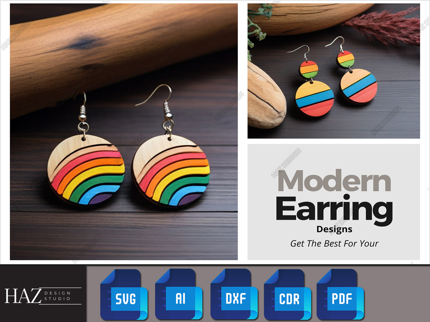 Enchanting Rainbow Wood Earrings - Downloadable Laser Engraving Files for Whimsical Jewelry 251