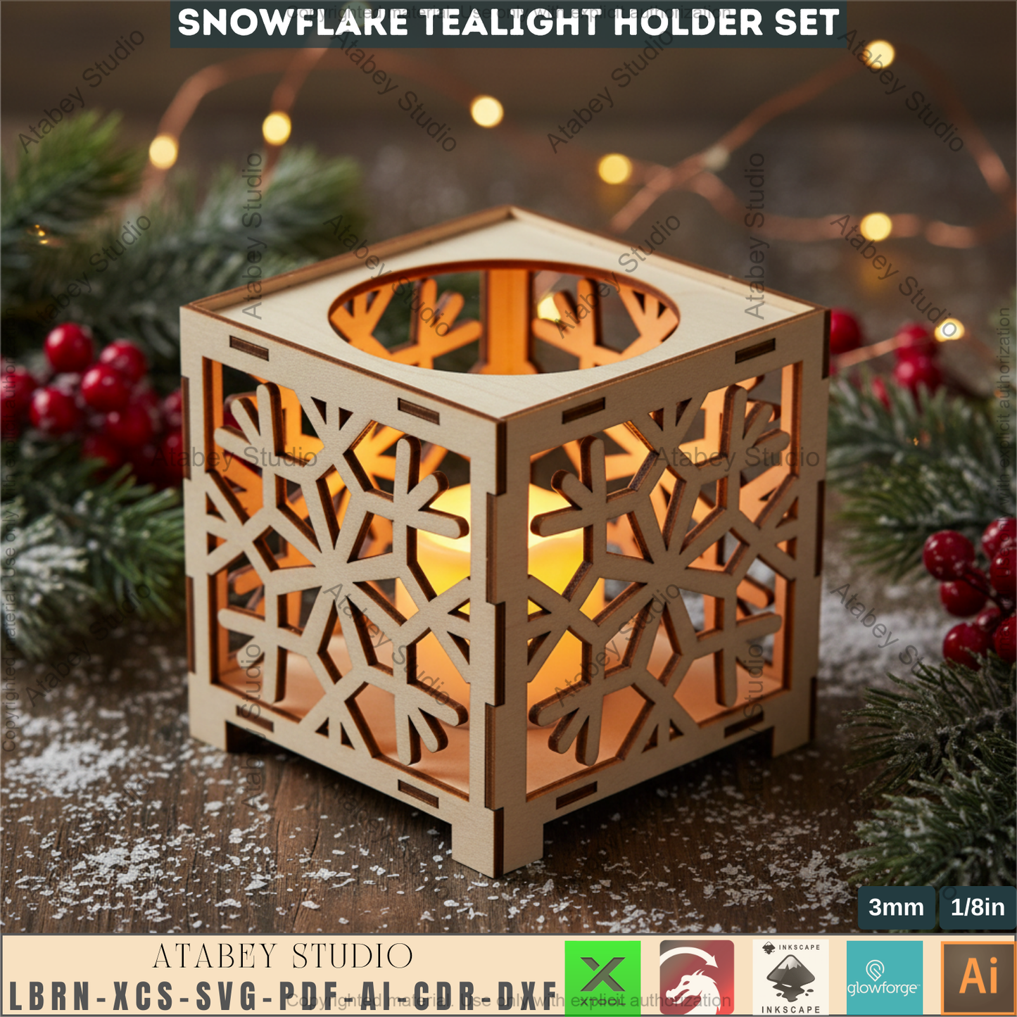 Snowflake Tealight Holder Laser Cut Files, Christmas Lantern Box SVG, Wooden Candle Holders 979
