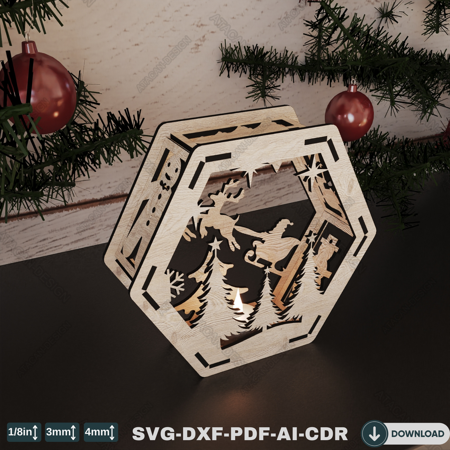 Elegant Winter Hexagon Lamp - Laser Cut Christmas Decoration and Christmas Candle Holder with Snowy Scene 769
