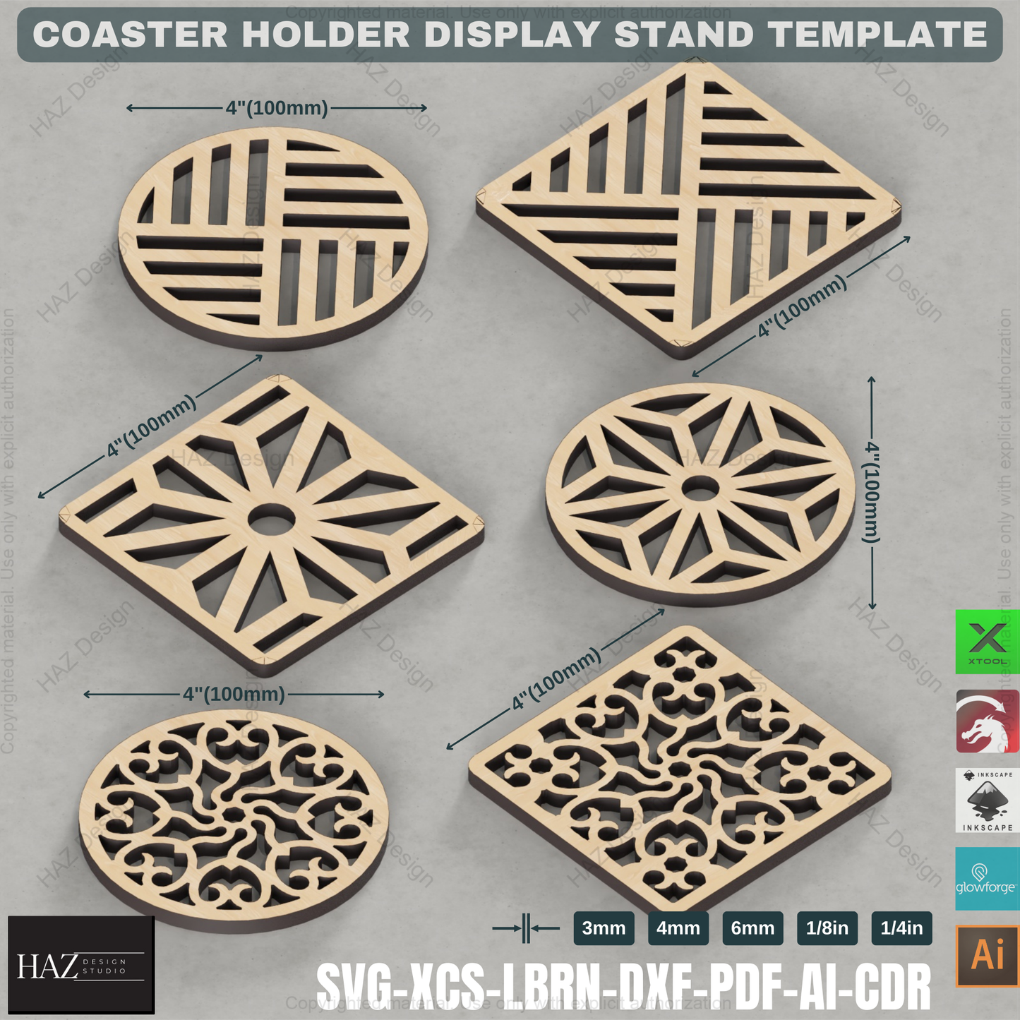 Laser Cut Coaster Set: 3 Holders + 6 Coaster Designs,Coaster Holder SVG Pack: Round & Square, Laser Ready 431