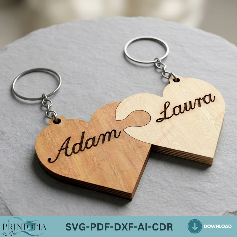 Heart Puzzle Keychain Laser Cut Template Wooden Plywood Keychain Vector File Personalized Couple Gift