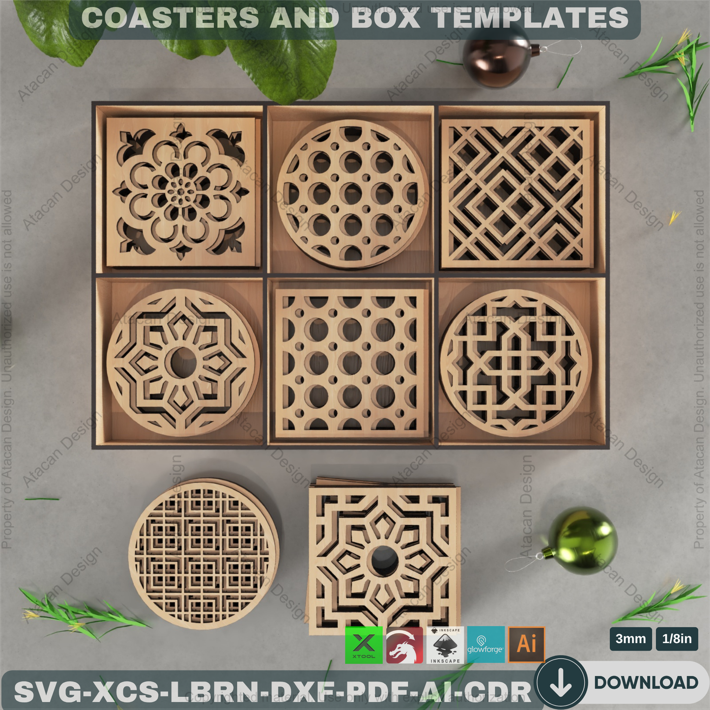 Laser Cut Coaster Set with Box SVG, Geometric Drink Coaster Template for Glowforge, xTool, DIY Wooden Coaster Holder Digital File 204
