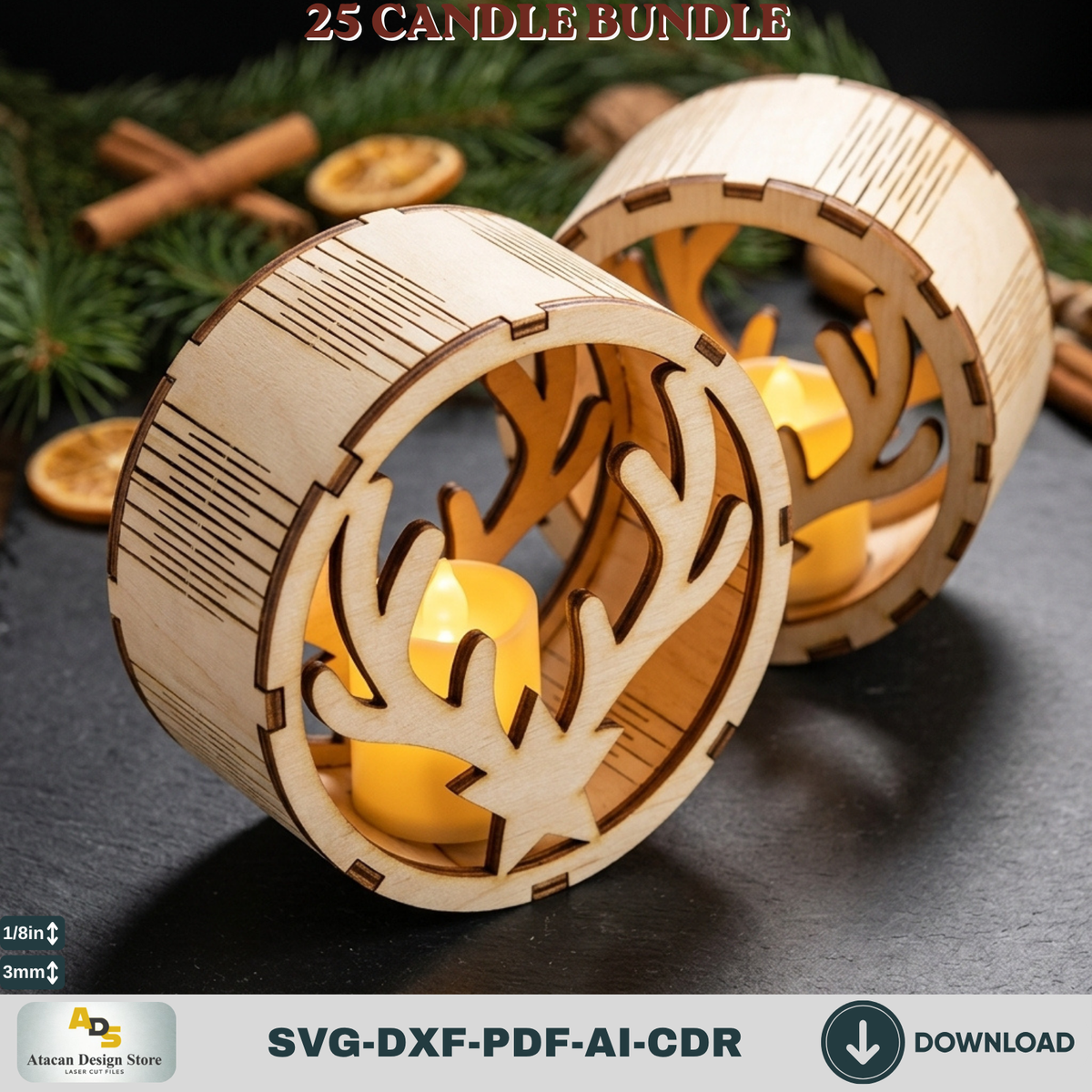 Christmas Tealight Candle Holder Bundle, 25 Laser Cut Round Lantern Templates, Xmas Glowforge Decor