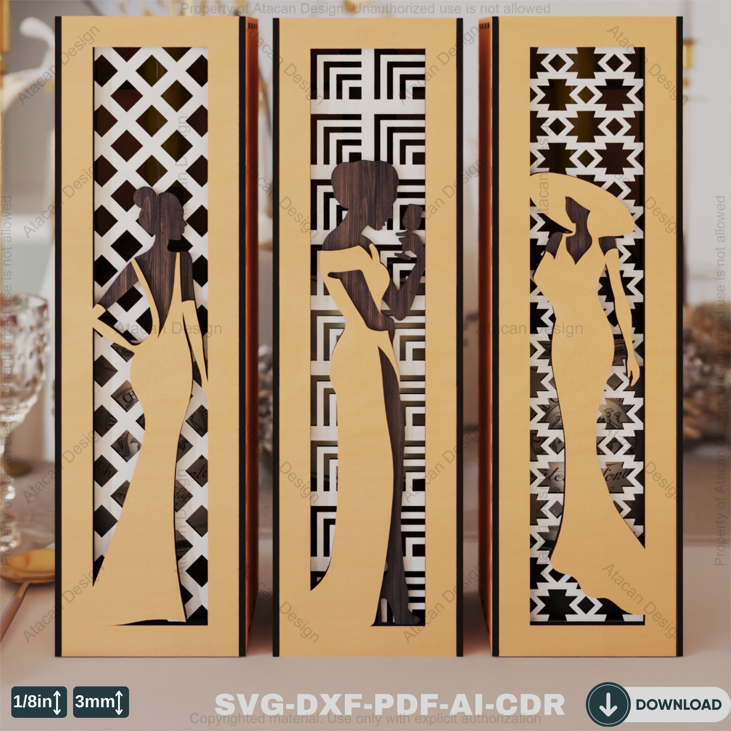 Elegant 3D Layered Wooden Wine Box Stylish Women Theme Perfect for Laser Cutting-Decorative Wine Holder with Sophisticated Woman Theme 799