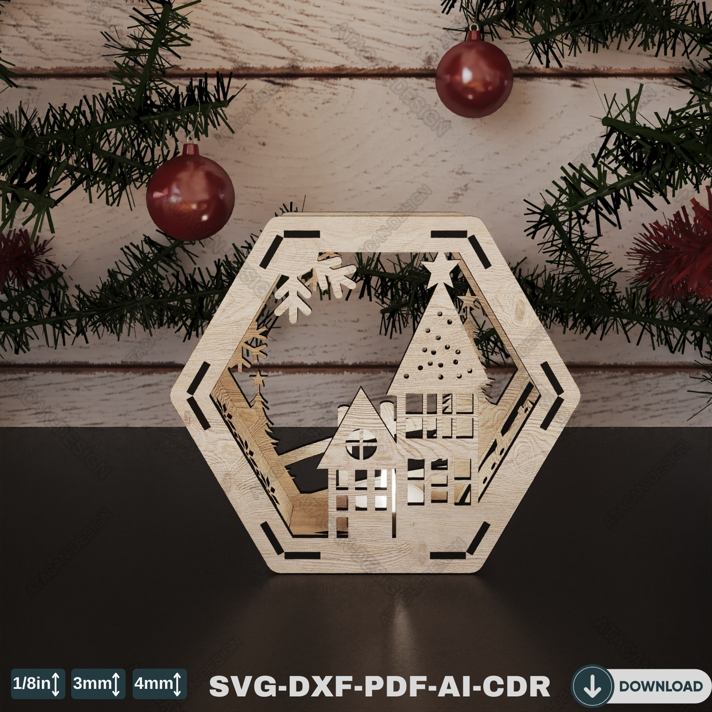 Elegant Winter Hexagon Lamp - Laser Cut Christmas Decoration and Christmas Candle Holder with Snowy Scene 769
