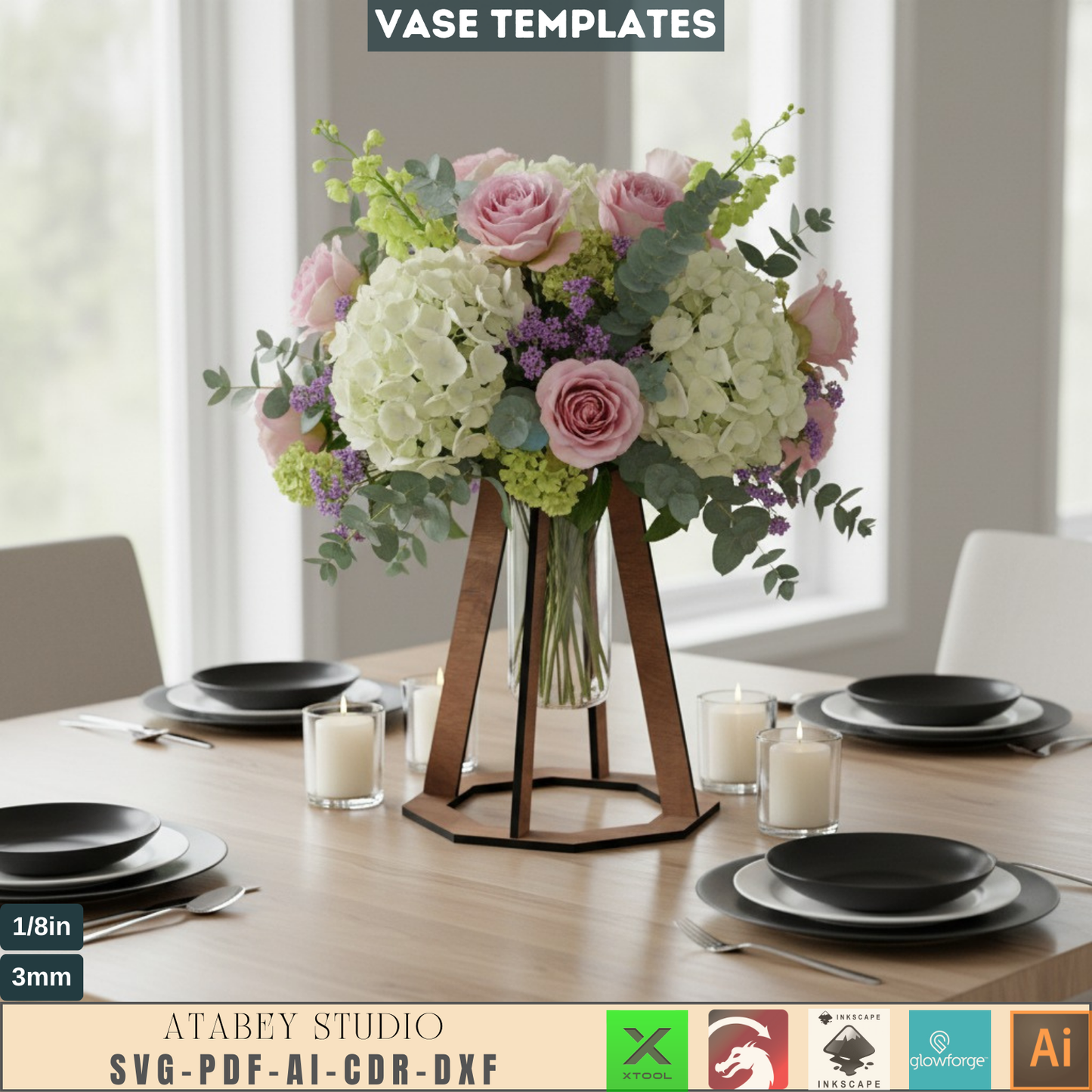 Set of 4 Wooden Vases - Laser Cut Flower Pots - 3D Bouquet Vase Templates 795