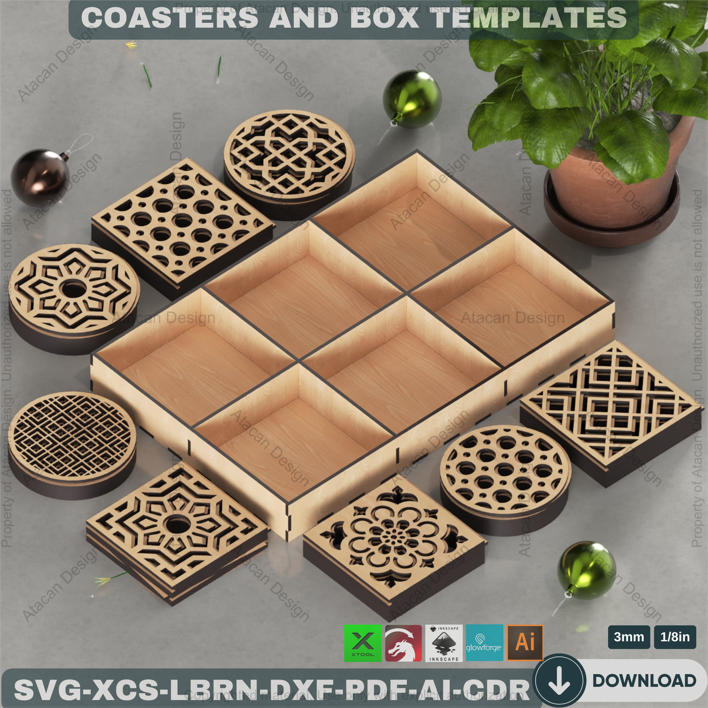 Laser Cut Coaster Set with Box SVG, Geometric Drink Coaster Template for Glowforge, xTool, DIY Wooden Coaster Holder Digital File 204