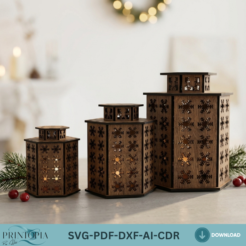 Laser Cut Christmas Lantern Wooden Snowflake Tealight Lamp 3 Sizes Holiday Home Decor 3D