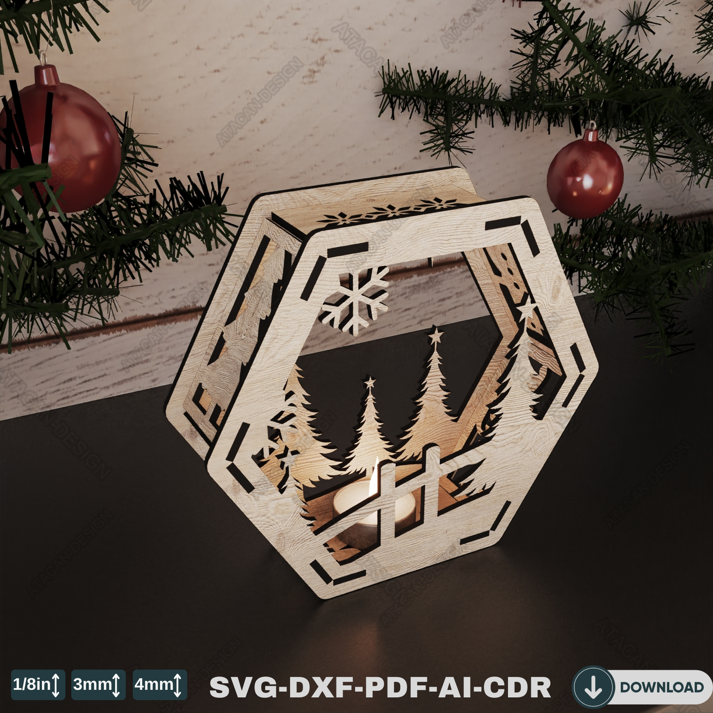 Elegant Winter Hexagon Lamp - Laser Cut Christmas Decoration and Christmas Candle Holder with Snowy Scene 769