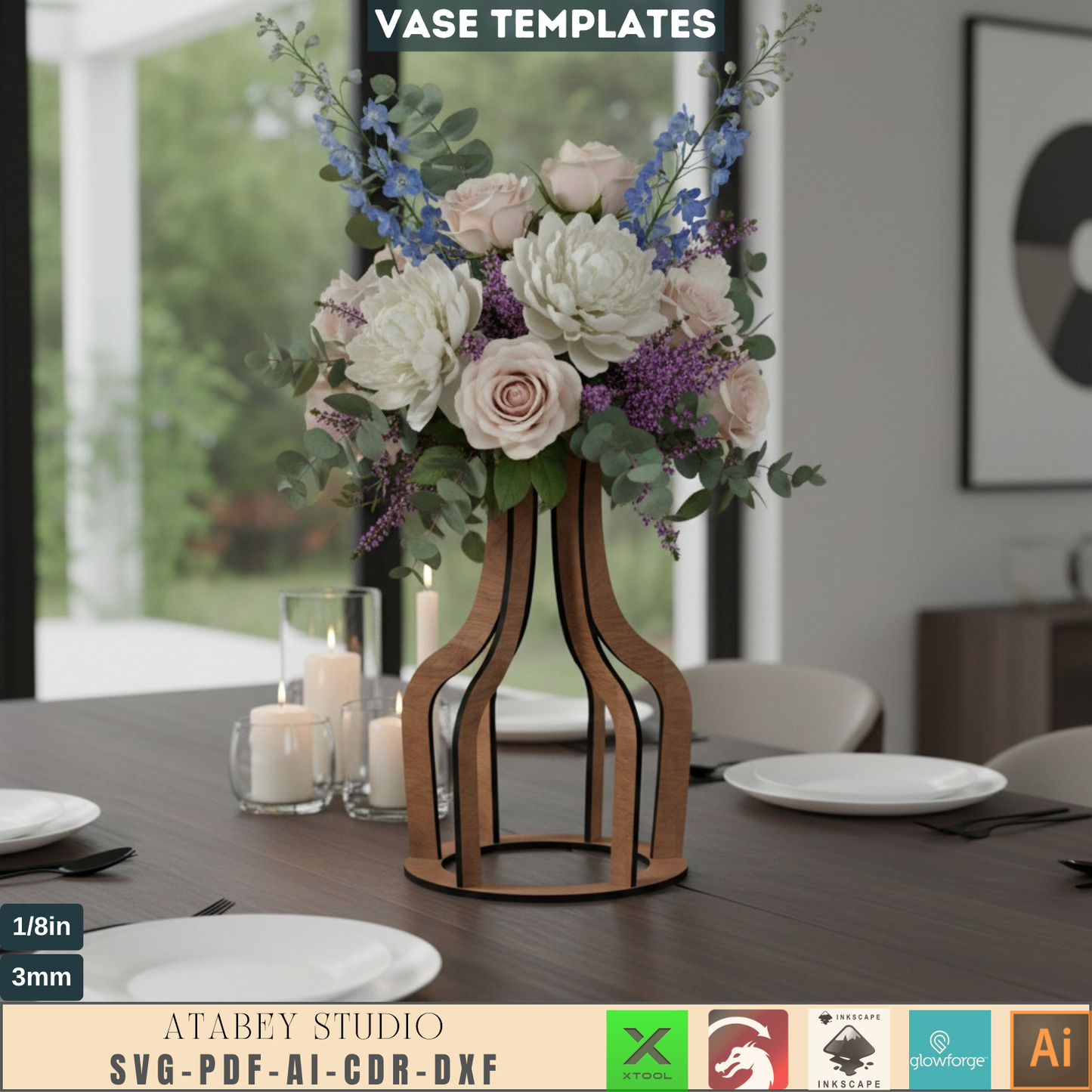 Set of 4 Wooden Vases - Laser Cut Flower Pots - 3D Bouquet Vase Templates 795