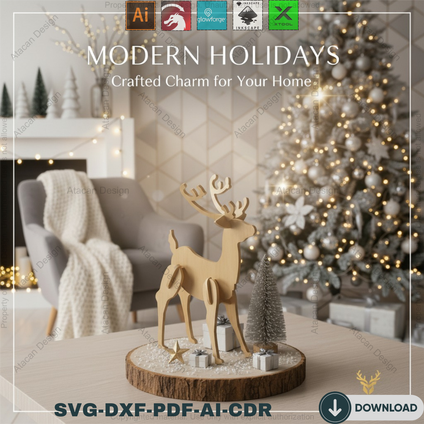 Christmas Deer Laser cut Files / Christmas Reindeer Puzzle / New Year Wooden Decoration SVG, DXF, CDR 296