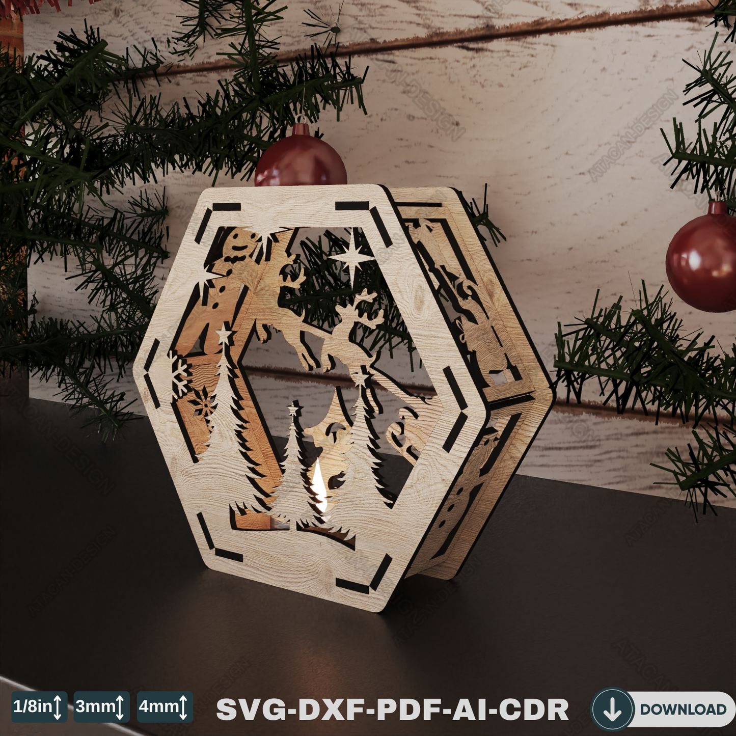 Elegant Winter Hexagon Lamp - Laser Cut Christmas Decoration and Christmas Candle Holder with Snowy Scene 769