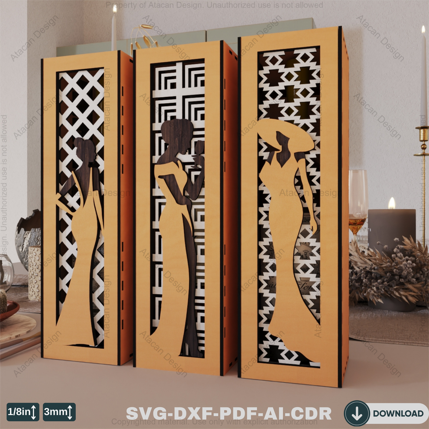 Elegant 3D Layered Wooden Wine Box Stylish Women Theme Perfect for Laser Cutting-Decorative Wine Holder with Sophisticated Woman Theme 799