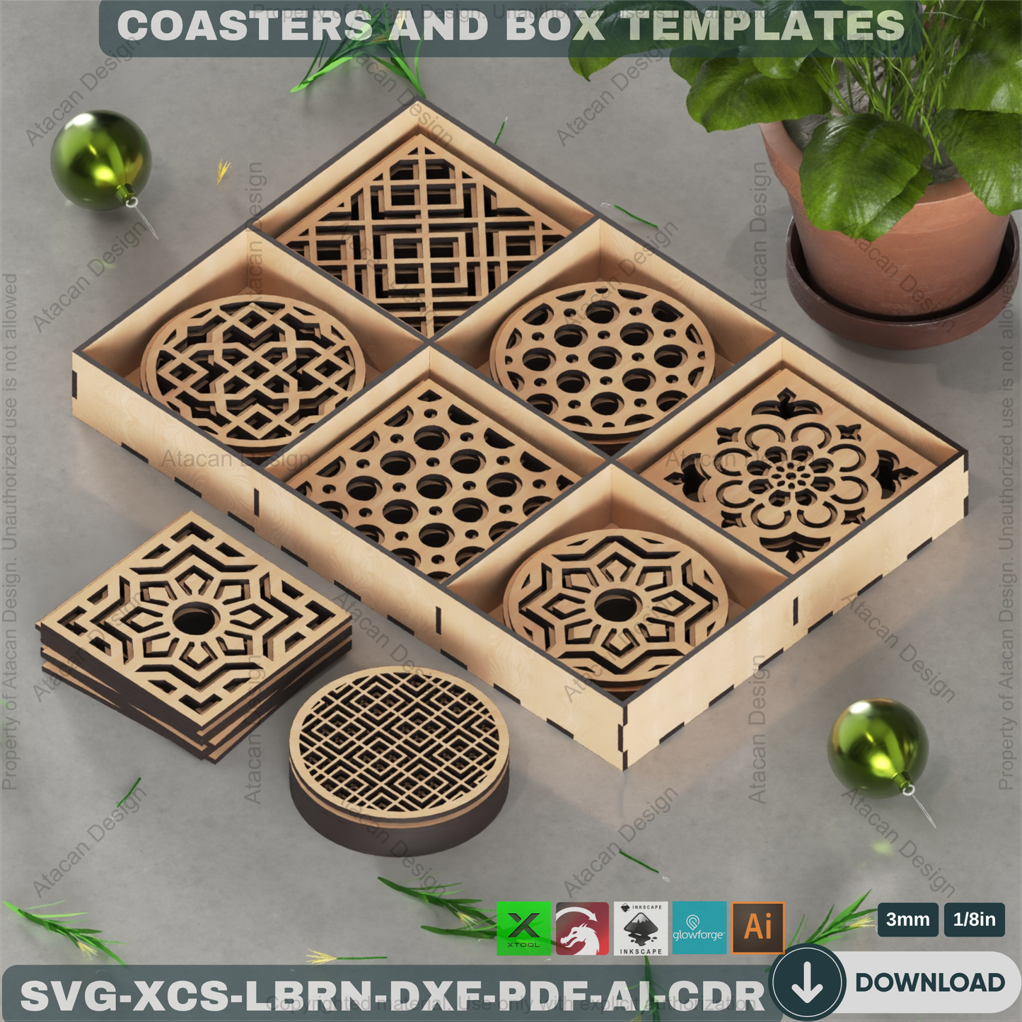 Laser Cut Coaster Set with Box SVG, Geometric Drink Coaster Template for Glowforge, xTool, DIY Wooden Coaster Holder Digital File 204