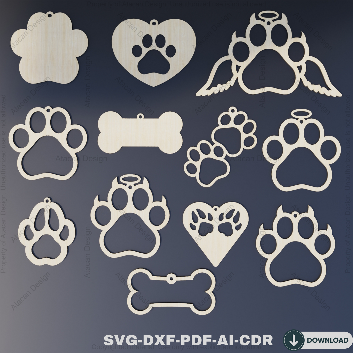 Dog Paw Christmas Ornaments - Perfect Laser Cut Files for Holiday Décor and Crafts,Angel Paw and Heart Ornaments 811