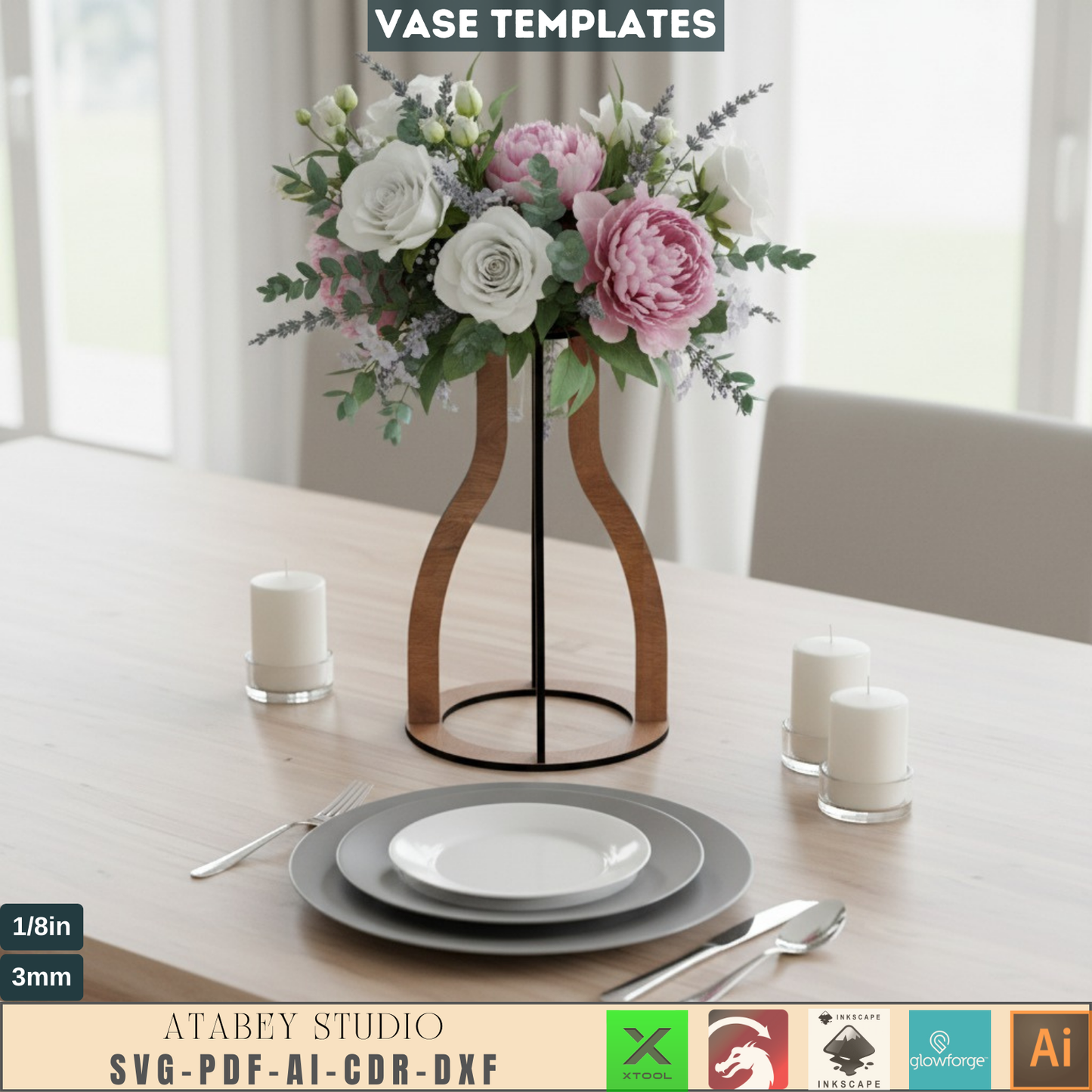 Set of 4 Wooden Vases - Laser Cut Flower Pots - 3D Bouquet Vase Templates 795