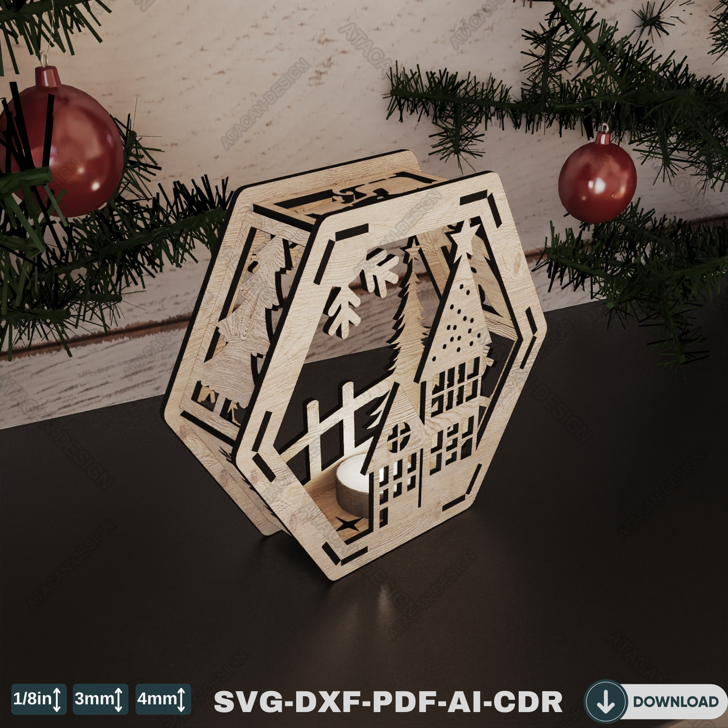 Elegant Winter Hexagon Lamp - Laser Cut Christmas Decoration and Christmas Candle Holder with Snowy Scene 769