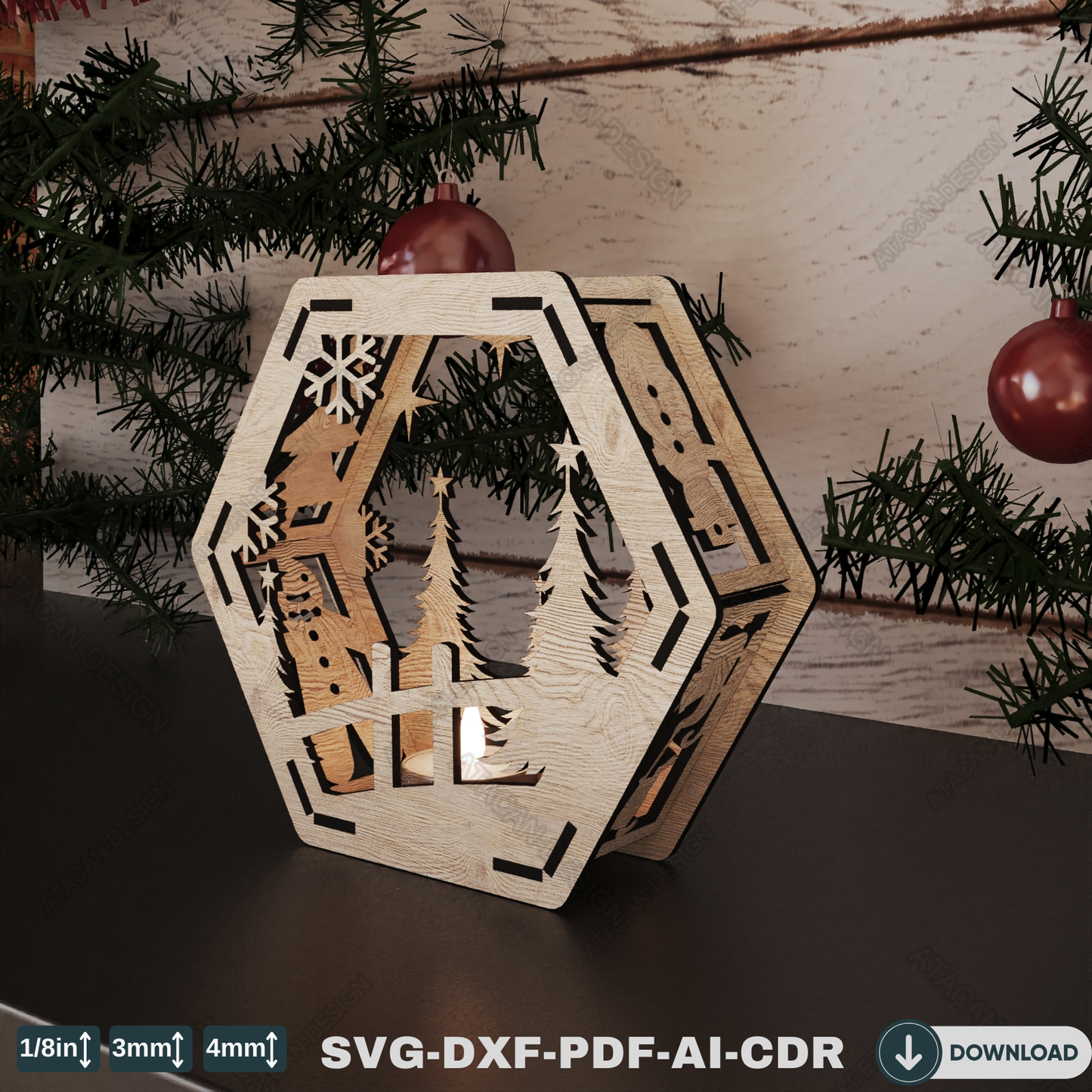 Elegant Winter Hexagon Lamp - Laser Cut Christmas Decoration and Christmas Candle Holder with Snowy Scene 769