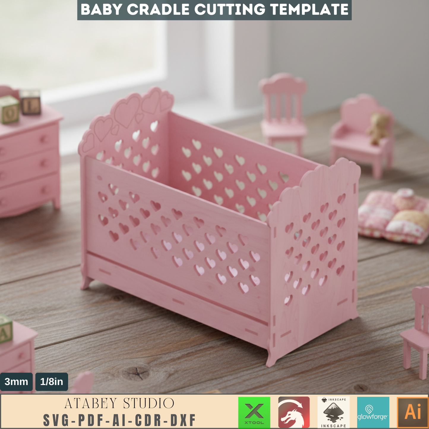 DIY Nursery Furniture Plans - Charming Wooden Cradle Design - Heart Pattern, Easy Laser Cut Files 602