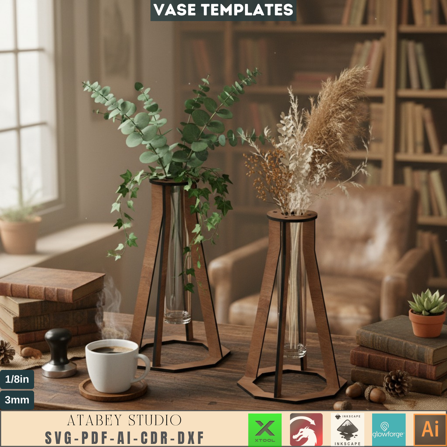 Set of 4 Wooden Vases - Laser Cut Flower Pots - 3D Bouquet Vase Templates 795