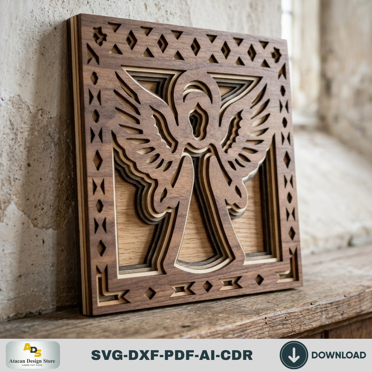 3D Angel Wall Decor Laser Cut Pattern, Religious Shadow Box Plaque, Christian Gift Glowforge Design